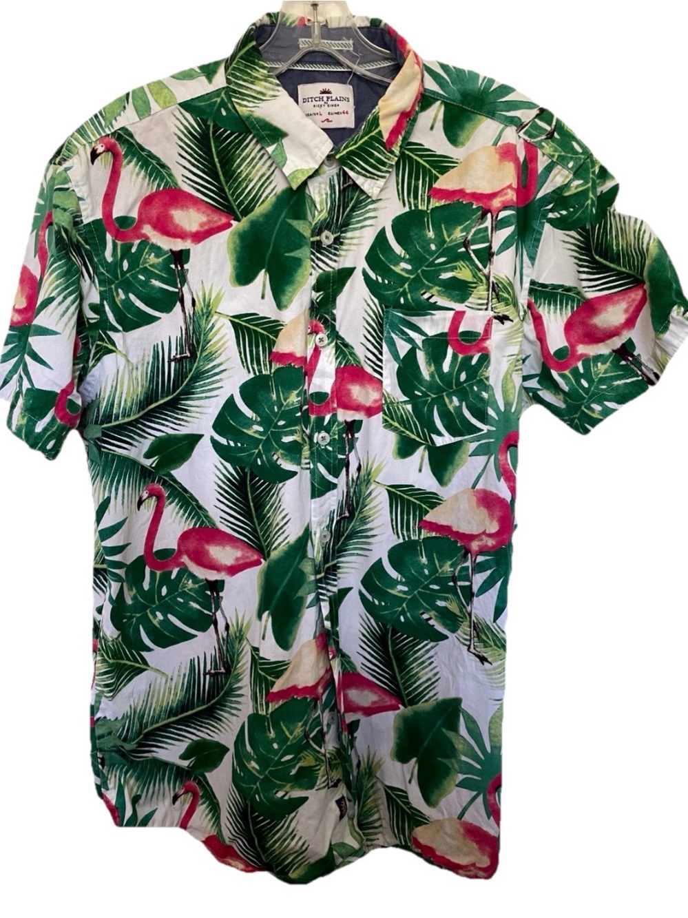 DITCH PLAINS By Ricky Singh TROPICAL Palms and Flamingos Print SHIRT Size Large